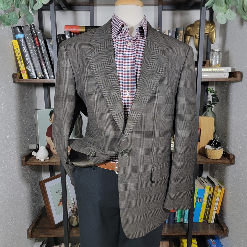 Club Room Men's‎ Sport Coat Blazer Two Button Plaid Brown Pure Wool Size 43R